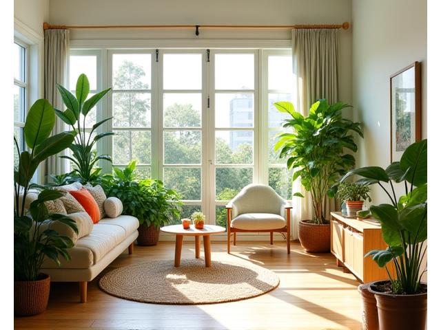 Un salón moderno y luminoso con grandes ventanales, repleto de plantas colgantes y de pie, con muebles de madera clara y una alfombra de tonos naturales, creando un ambiente sereno y conectado con la naturaleza. 