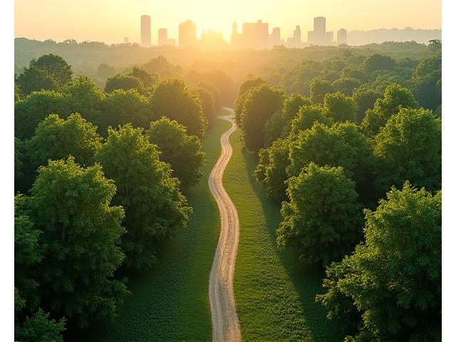 Mapa interactivo mostrando los mejores lugares para baños de bosque en los alrededores de Madrid, con pinos, robles y senderos iluminados por el sol.