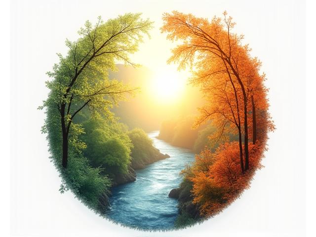 Una secuencia visual de cuatro imágenes sutilmente integradas, representando las diferentes estaciones del año: flores de primavera, sol de verano en un campo, hojas otoñales y una acogedora escena invernal, con íconos de bienestar para cada una.