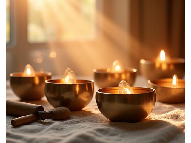 Una composición serena de cuencos tibetanos y de cristal vibrantes en un entorno tranquilo, con un halo de luz cálida que sugiere energía sanadora.