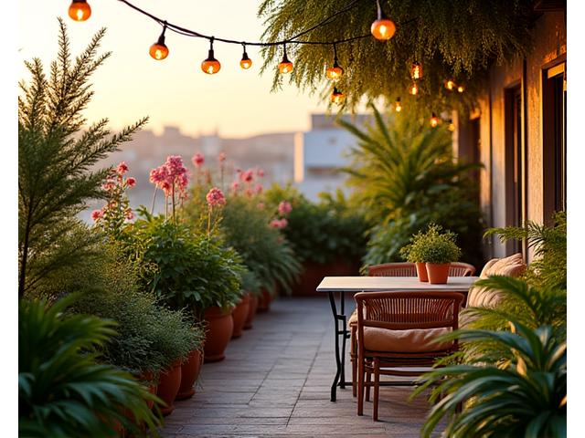 Una terraza urbana bellamente decorada con una variedad de plantas en macetas, un pequeño huerto y luces cálidas, creando un refugio verde en medio de la ciudad.