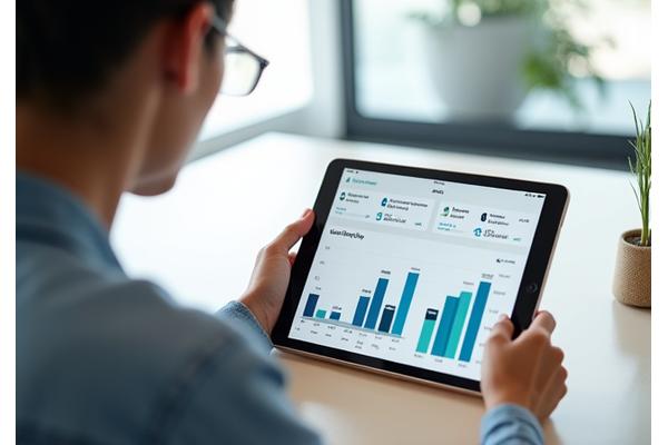 Persona adulta interactuando con una tablet, analizando gráficos que representan el tiempo de pantalla y sus patrones de uso