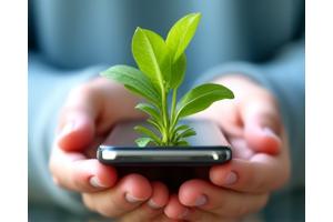 Manos sosteniendo un smartphone con una planta en crecimiento emergiendo de él, representando el consumo consciente de contenido