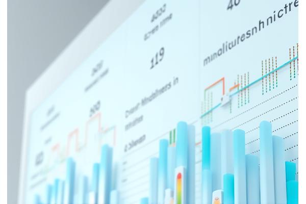 Un dashboard digital mostrando gráficos de uso de pantalla, horas de sueño y niveles de atención, con un diseño limpio e intuitivo