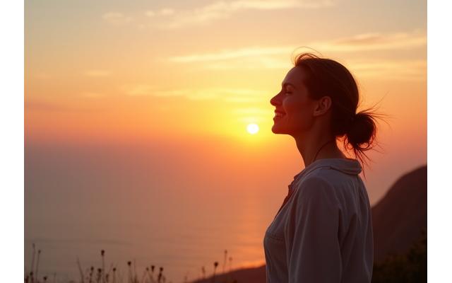 Mujer adulta disfrutando de un atardecer, alejándose de pantallas digitales, simbolizando el equilibrio y la paz interior