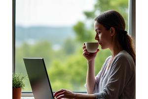 Persona mirando por la ventana con una taza de té, lejos de la pantalla del ordenador, durante un micro-descanso