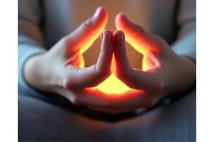 Persona meditando con un smartphone cerca, emitiendo una luz suave, simbolizando atención plena digital