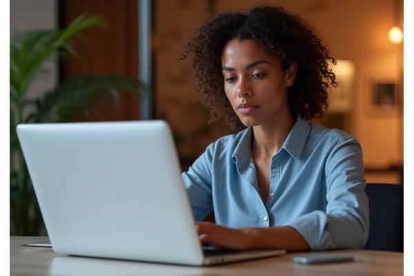 Persona trabajando concentradamente en un ordenador portátil, rodeada de un aura de calma y eficiencia, sin distracciones