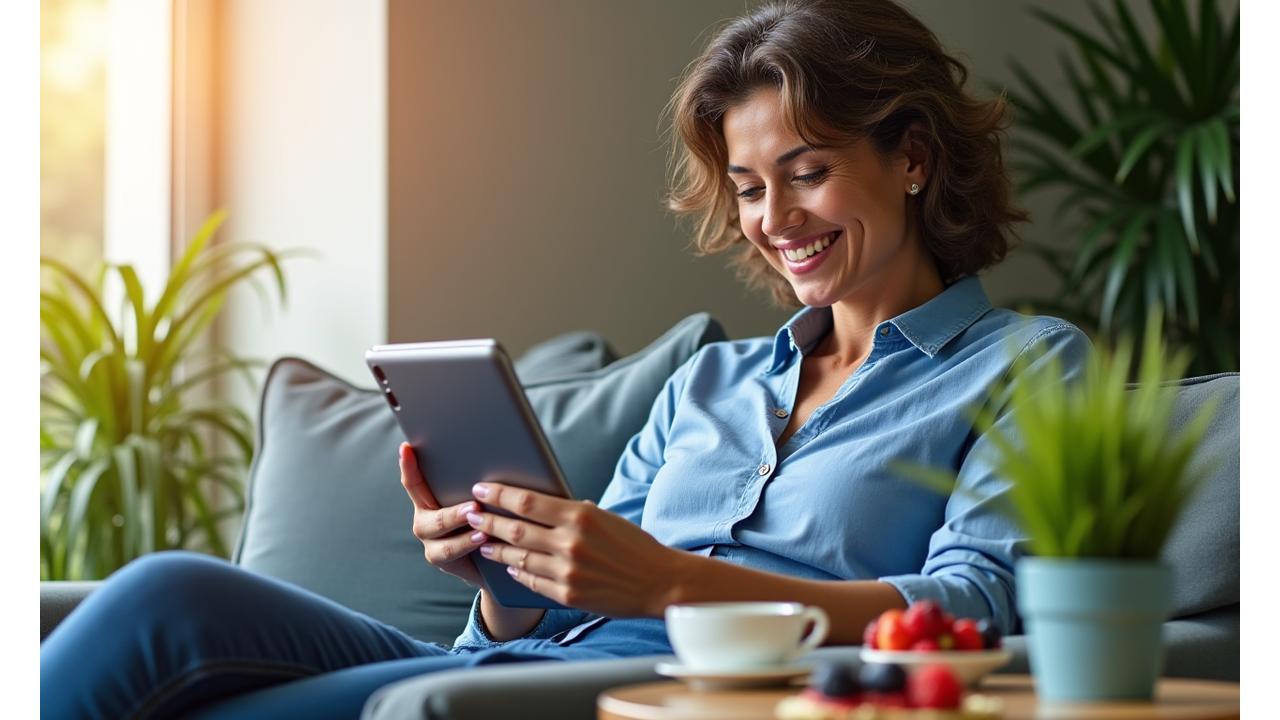Mujer adulta leyendo un artículo sobre nutrición en su tablet, con un desayuno saludable cerca, transmitiendo calma y conocimiento.
