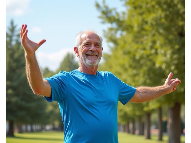 Hombre mayor sonriente practicando yoga al aire libre, representando optimismo y vida activa.