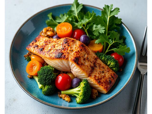 Plato gourmet de verduras frescas y salmón, simbolizando una dieta equilibrada y deliciosa.