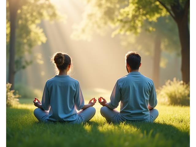 Pareja adulta meditando en un entorno natural tranquilo, enfatizando la paz mental.
