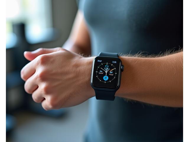 Persona usando un reloj inteligente para monitorear su actividad física y salud, mostrando integración tecnológica.