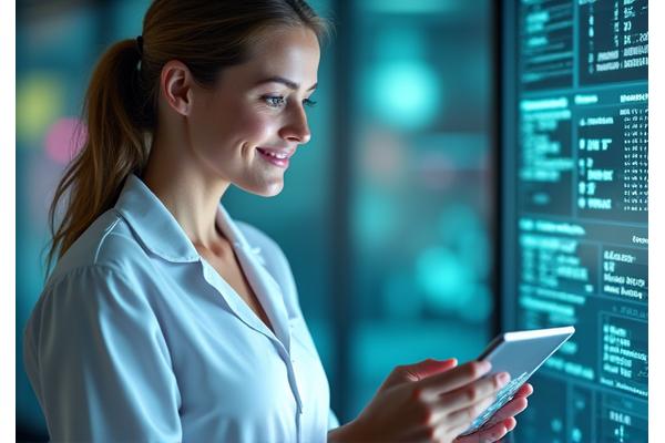 Científica o médico sonriente revisando datos de salud en un ordenador, con gráficos y elementos de bienestar en el fondo, simbolizando moderación experta.