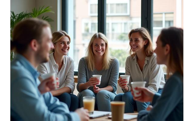 Grupo diverso de adultos sonriendo y conversando animadamente en un entorno moderno y luminoso, simbolizando una comunidad de bienestar activa en Madrid.