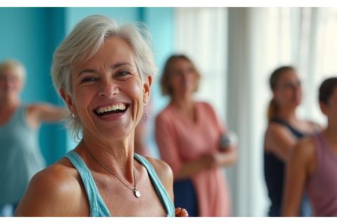 Carmen, una mujer mayor activa, riendo mientras participa en una clase de pilates grupal.