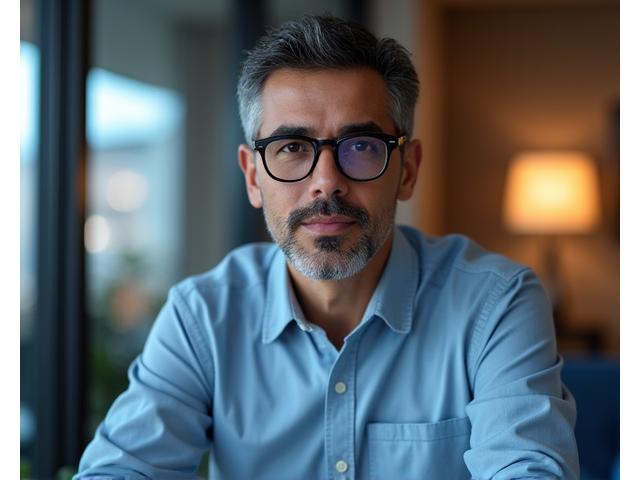 Hombre sonriente de 40s con gafas consultando a través de una videollamada con un fondo borroso de oficina