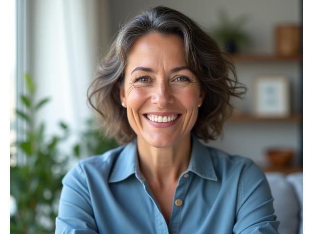 Mujer sonriente de 40s a 50s interactuando de manera amigable en una videollamada