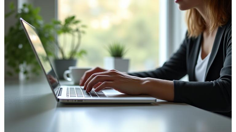 Mujer de 30s a 40s escribiendo en un portátil con una taza de café en un espacio de trabajo moderno