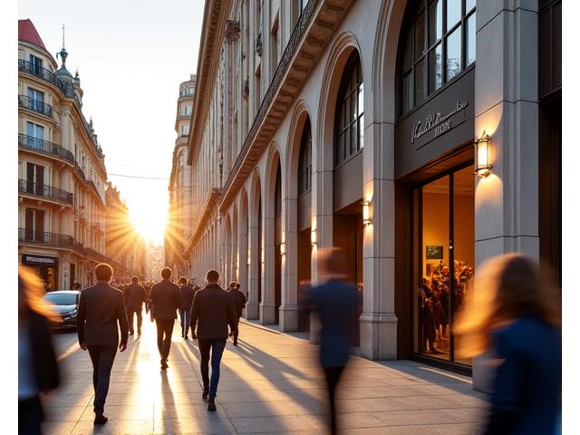 Vista exterior de un edificio moderno en el centro de Madrid con calles bulliciosas
