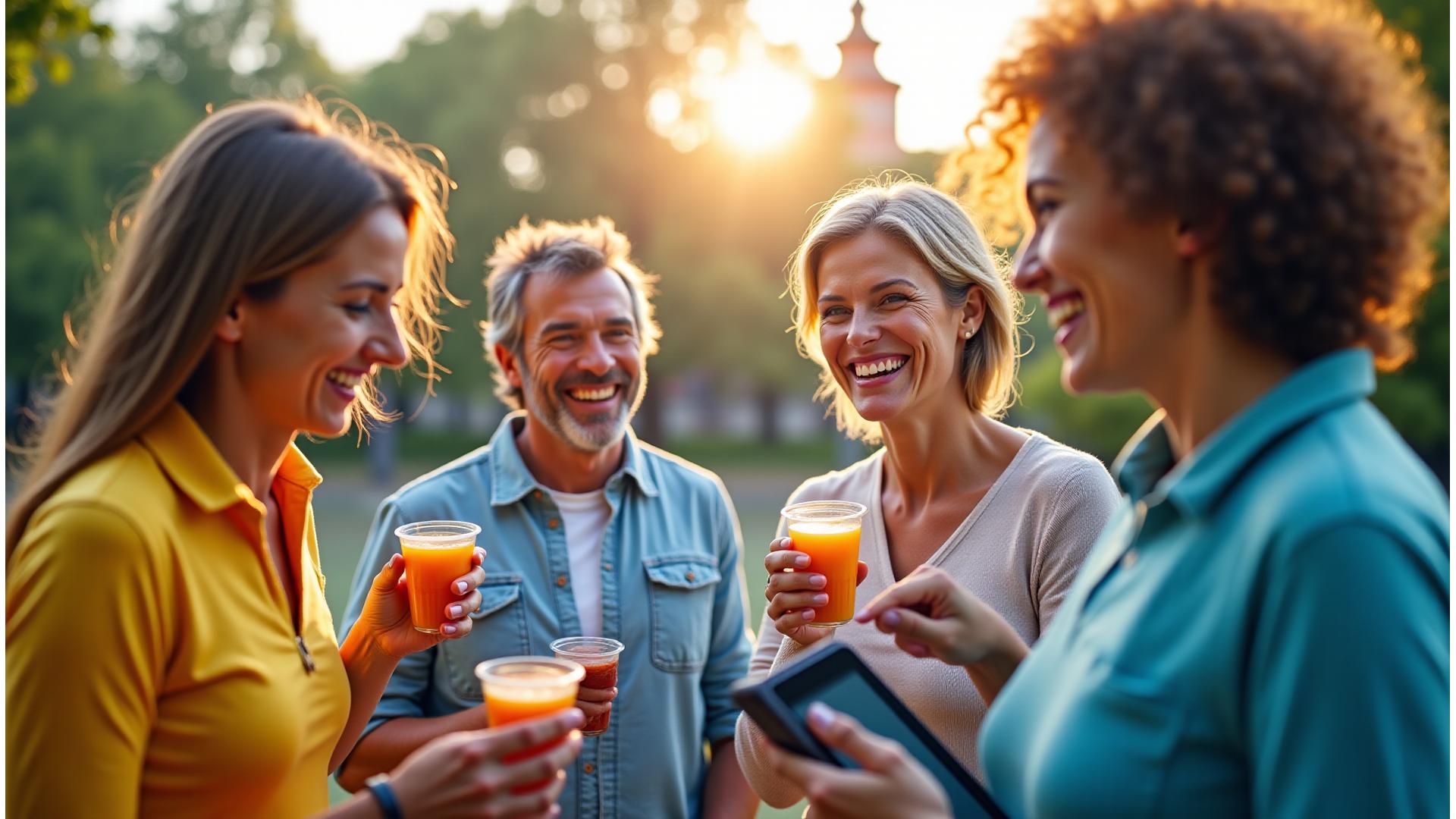 Adultos sonrientes y activos en un parque de Madrid, disfrutando de tecnología wearable y un café saludable.