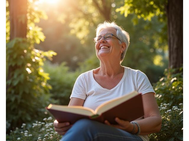 Persona relajada desconectada de dispositivos digitales, leyendo un libro en un entorno natural.