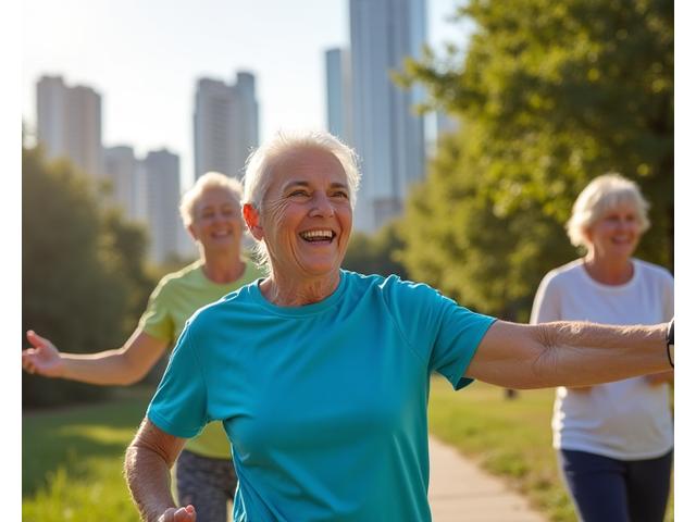 Personas mayores realizando ejercicios de bienestar al aire libre con un fondo de ciudad moderna, simbolizando vitalidad y longevidad.