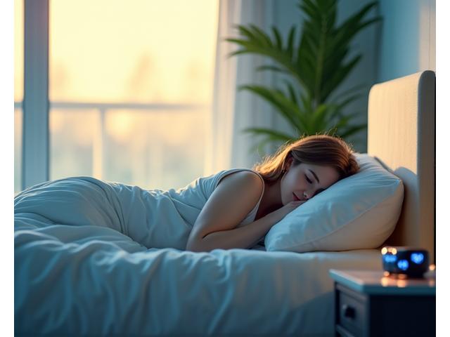 Persona durmiendo profundamente con un dispositivo de seguimiento del sueño y despertador inteligente en un dormitorio moderno.