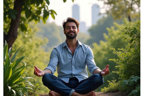 Carlos, 41 años, meditando tranquilamente en un espacio verde urbano.