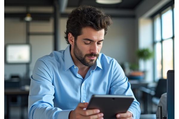 Miguel, 38 años, concentrado y productivo en una oficina moderna.