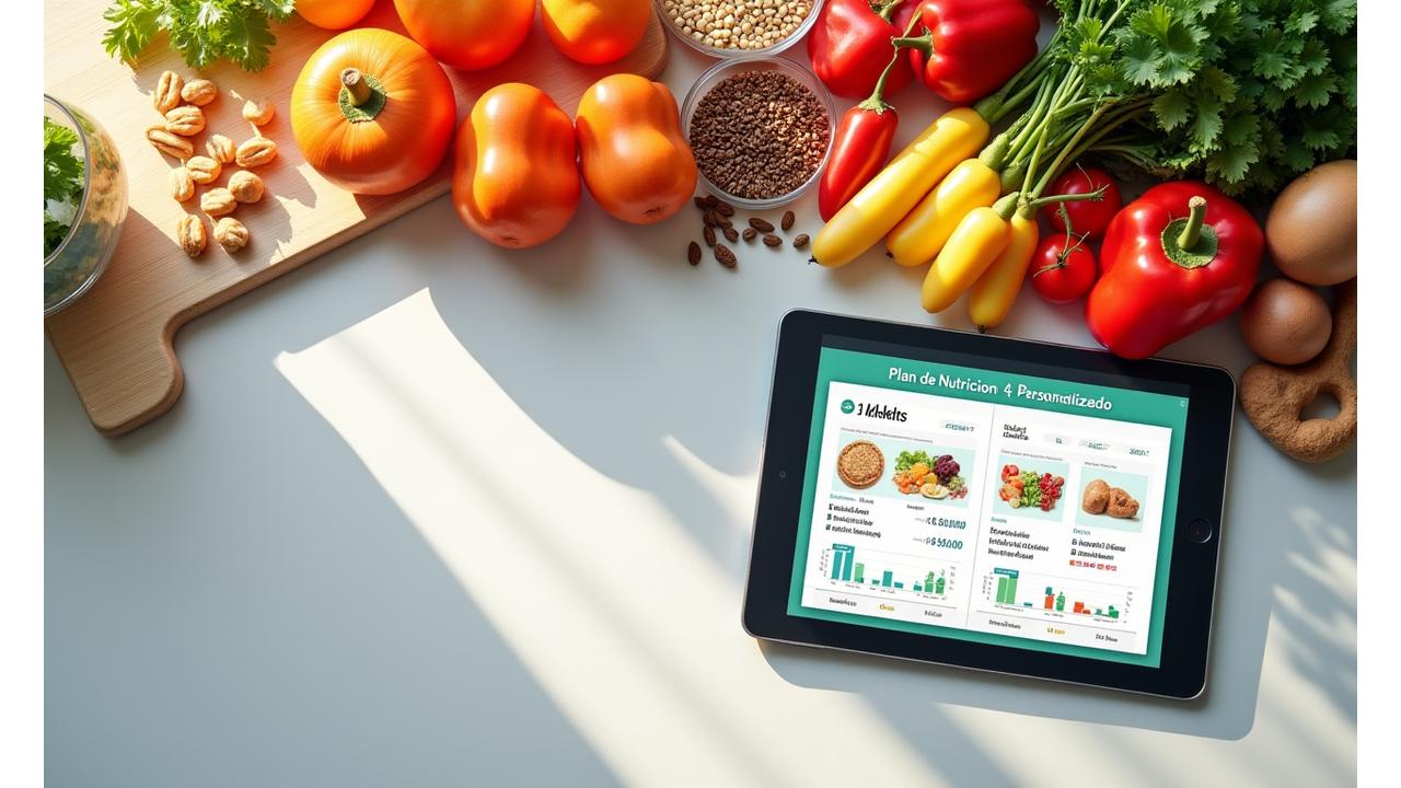 Variedad de alimentos saludables sobre una tabla de cortar con utensilios de cocina. 