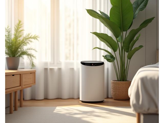 Purificador de aire moderno en un entorno doméstico limpio