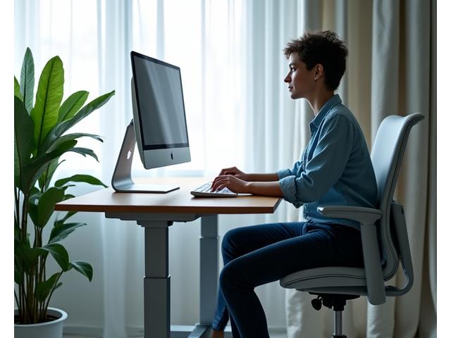 Escritorio ergonómico y silla para home office, con persona trabajando cómodamente