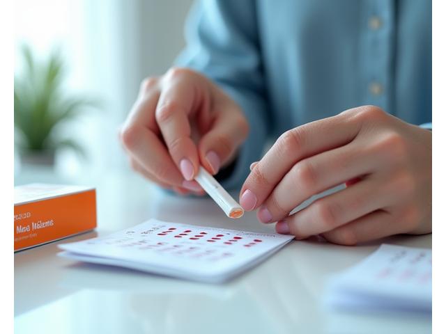 Persona usando un kit de prueba de salud en casa, con muestras y etiquetas