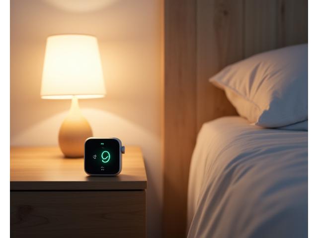 Dispositivo elegante de monitoreo del sueño en una mesita de noche junto a una cama
