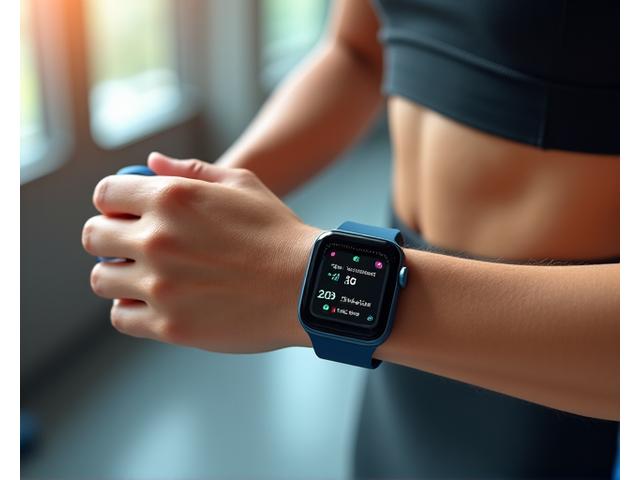 Smartwatch moderno en una muñeca, monitorizando signos vitales