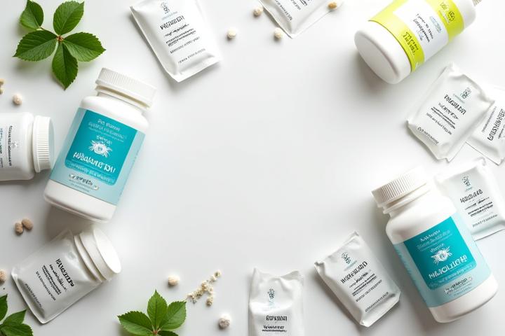 Diversos frascos de suplementos vitamínicos y minerales sobre una superficie limpia, dispuestas de forma ordenada