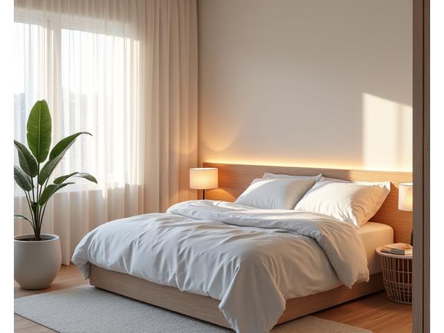 Dormitorio minimalista y sereno con iluminación cálida, cama acogedora y plantas, evocando calma