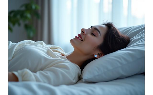 Mujer adulta descansando plácidamente en una cama moderna, rodeada de tecnología de monitoreo de sueño discreta