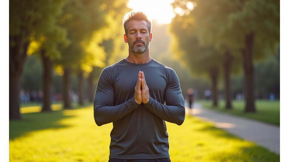 Persona practicando técnicas de respiración profunda en un entorno tranquilo y natural, quizás un parque en Madrid