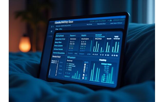 Dashboard digital mostrando gráficos y métricas de sueño, como fases del sueño, pulsaciones y calidad, con una iluminación LED suave