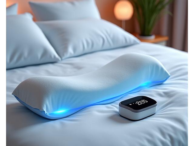 Dispositivos de monitoreo de sueño futuristas y una almohada ergonómica sobre una cama impecable