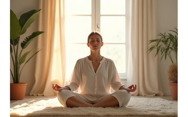 Persona meditando pacíficamente con una suave luz, simbolizando la salud mental.