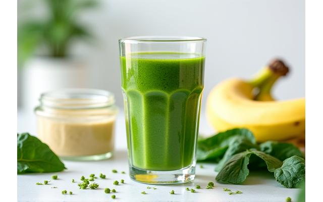 Batido verde fresco con frutas y suplementos nutricionales en polvo en el fondo.