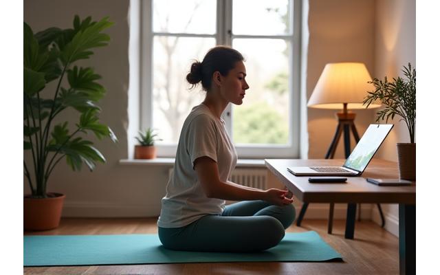 Persona haciendo estiramientos en casa con un ordenador portátil cerca, simbolizando el teletrabajo.