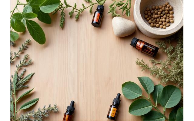 Diversas plantas medicinales y aceites esenciales extendidos sobre una mesa de madera.