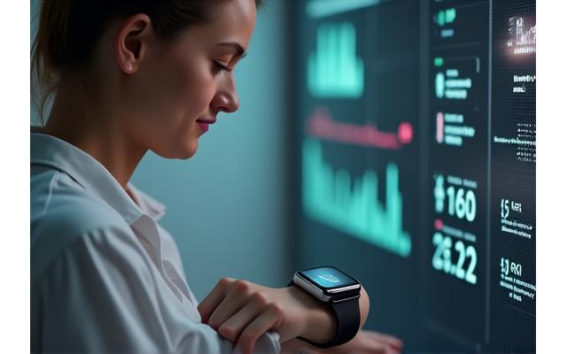 Persona mirando datos de su reloj inteligente con gráficos de actividad.