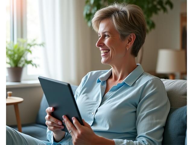 Mujer sonriente de mediana edad usando una tablet y monitores de salud, que simbolizan una evaluación de bienestar personalizada.