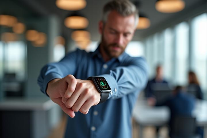 Persona de mediana edad realizando estiramientos suaves en una oficina moderna, con un smartwatch visible en su muñeca.
