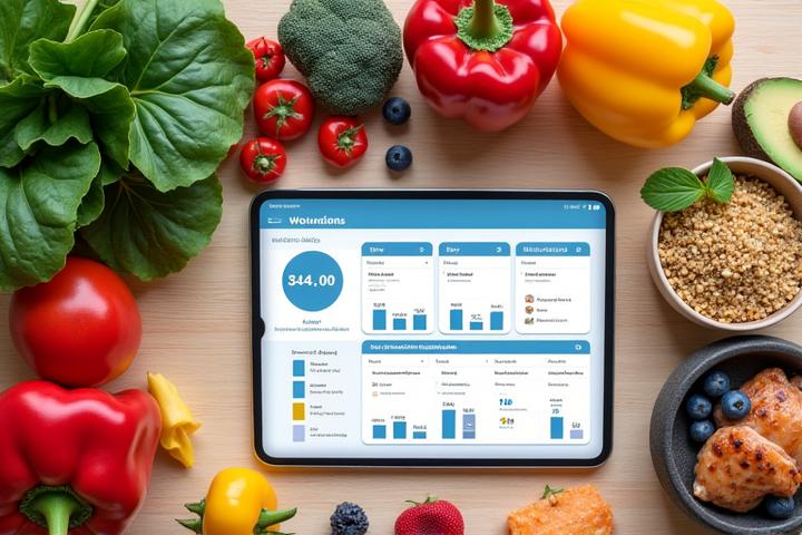 Una mesa con ingredientes frescos y coloridos como verduras, frutas y granos integrales, junto a una tablet mostrando un plan de nutrición digital personalizado.